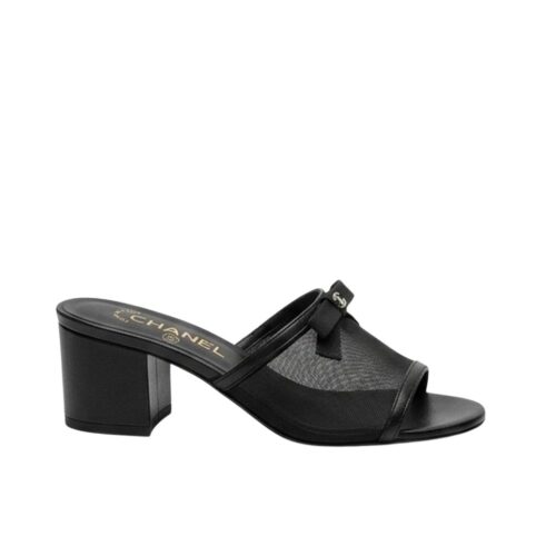 Chanel Bow Block Mule Mesh Fabric Black