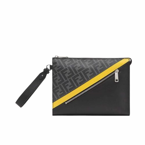 Fendi Diagonal FF Jacquard Fabric Flat Pouch Black And Grey 26Cm