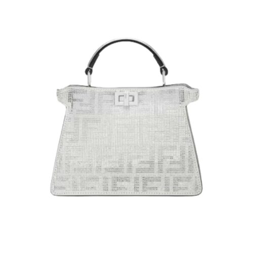 Fendi Peekaboo ISeeU Petite Crystal FF Motif Leather Handbag Silver 21Cm 8BN335APKFF1JSU