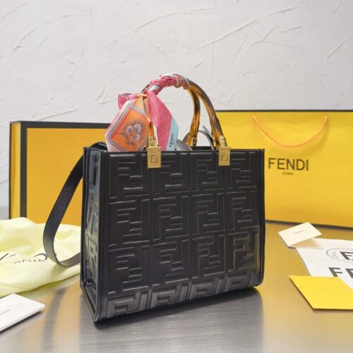 Alternative view of Fendi Sunshine Small Shopper FF Embossed Leather Tote Bag Black 25Cm 8Bh394Amcvf0Kur