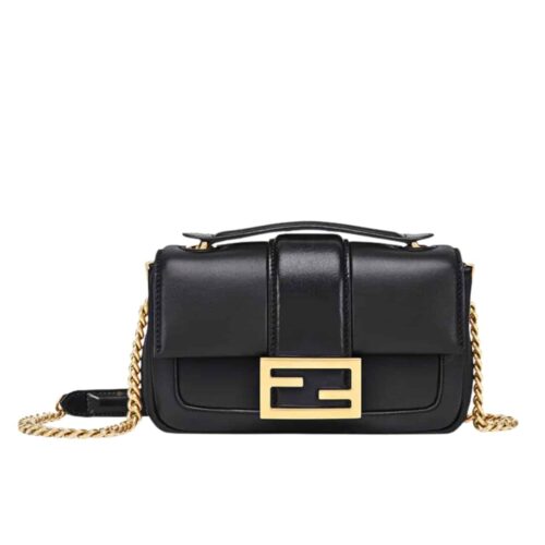 Fendi Baguette Mini Leather Chain Bag Black 19Cm