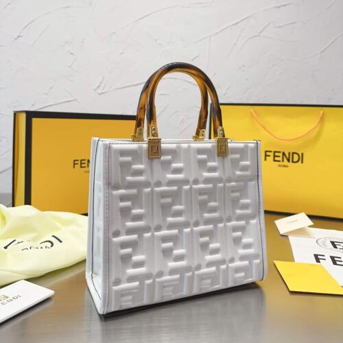 Alternative view of Fendi Sunshine Small Shopper FF Embossed Leather Tote Bag White 25Cm 8BH394AMCVF0QVL