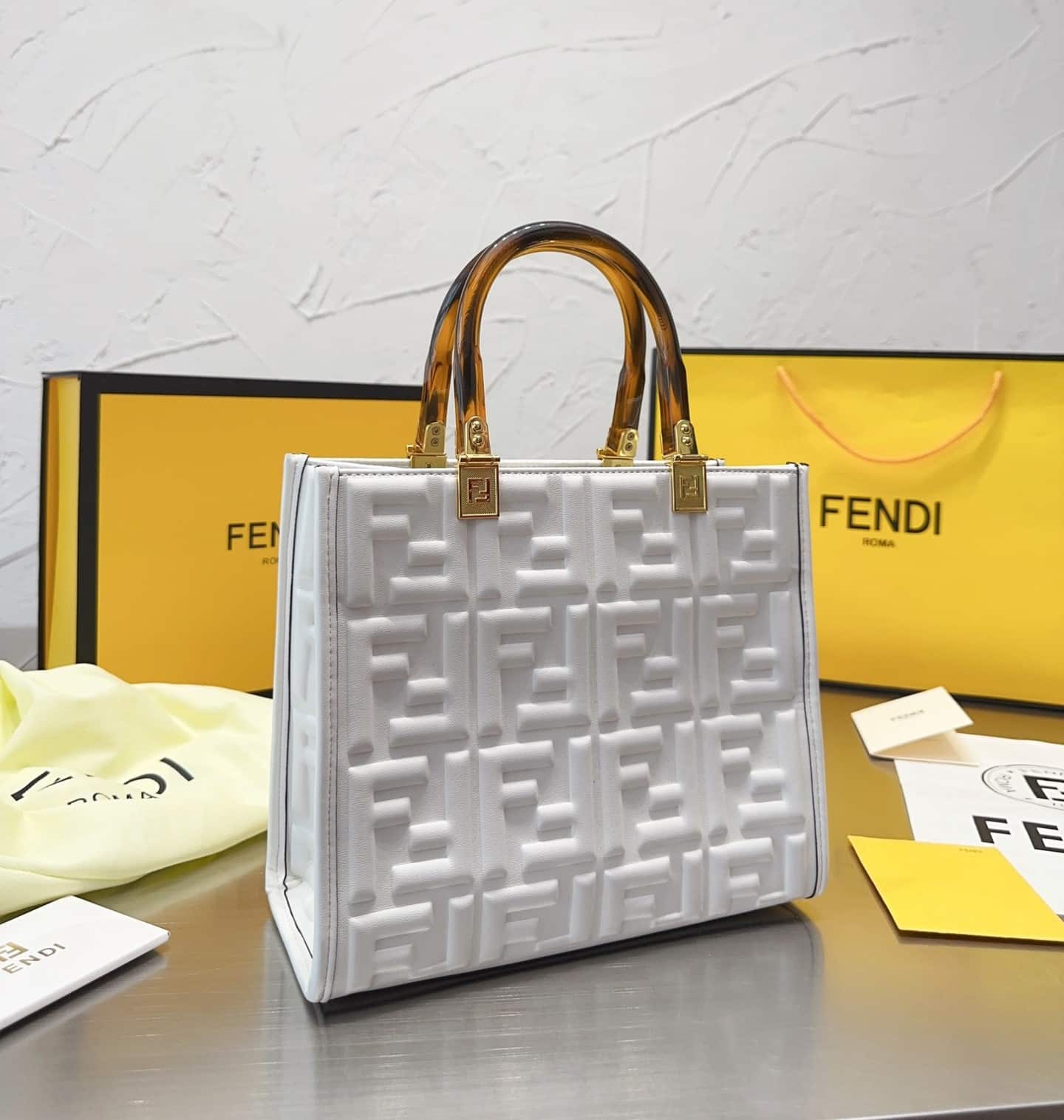 Fendi Sunshine Small Shopper FF Embossed Leather Tote Bag White 25Cm 8BH394AMCVF0QVL - Image 2