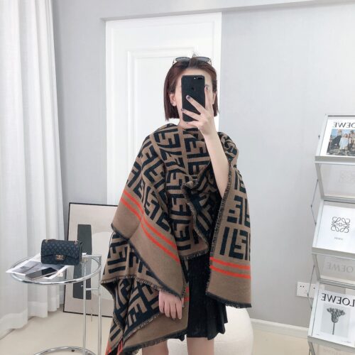 Alternative view of Fendi Ff Motif Wool And Silk Poncho Scarf Brown And Black Fxx636 A3Q1 F0Qb8