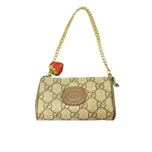 Gucci GG Supreme Strawberry Chain Pouch Beige 13Cm
