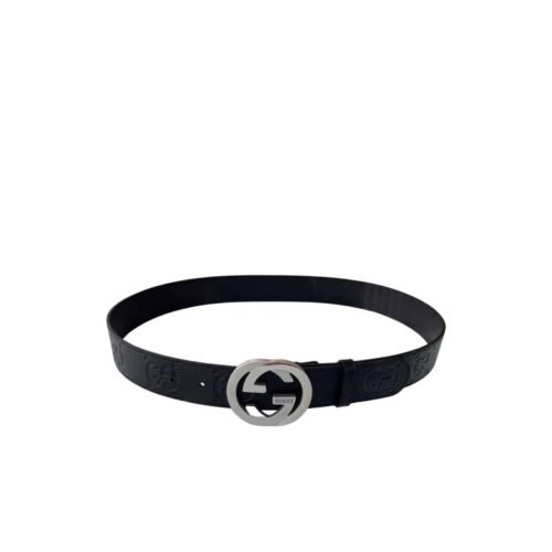 Gucci Men'S Reversible Gg Belt Silver Hardware Black 40Mm