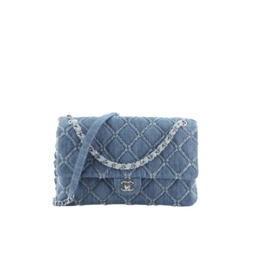 Chanel Classic Medium Distressed Denim Flap Bag Blue 25cm
