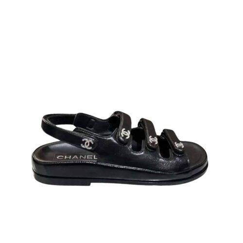 Chanel Triple Velcro Strap Sandals Smooth Leather Black G45628 B16403 94305