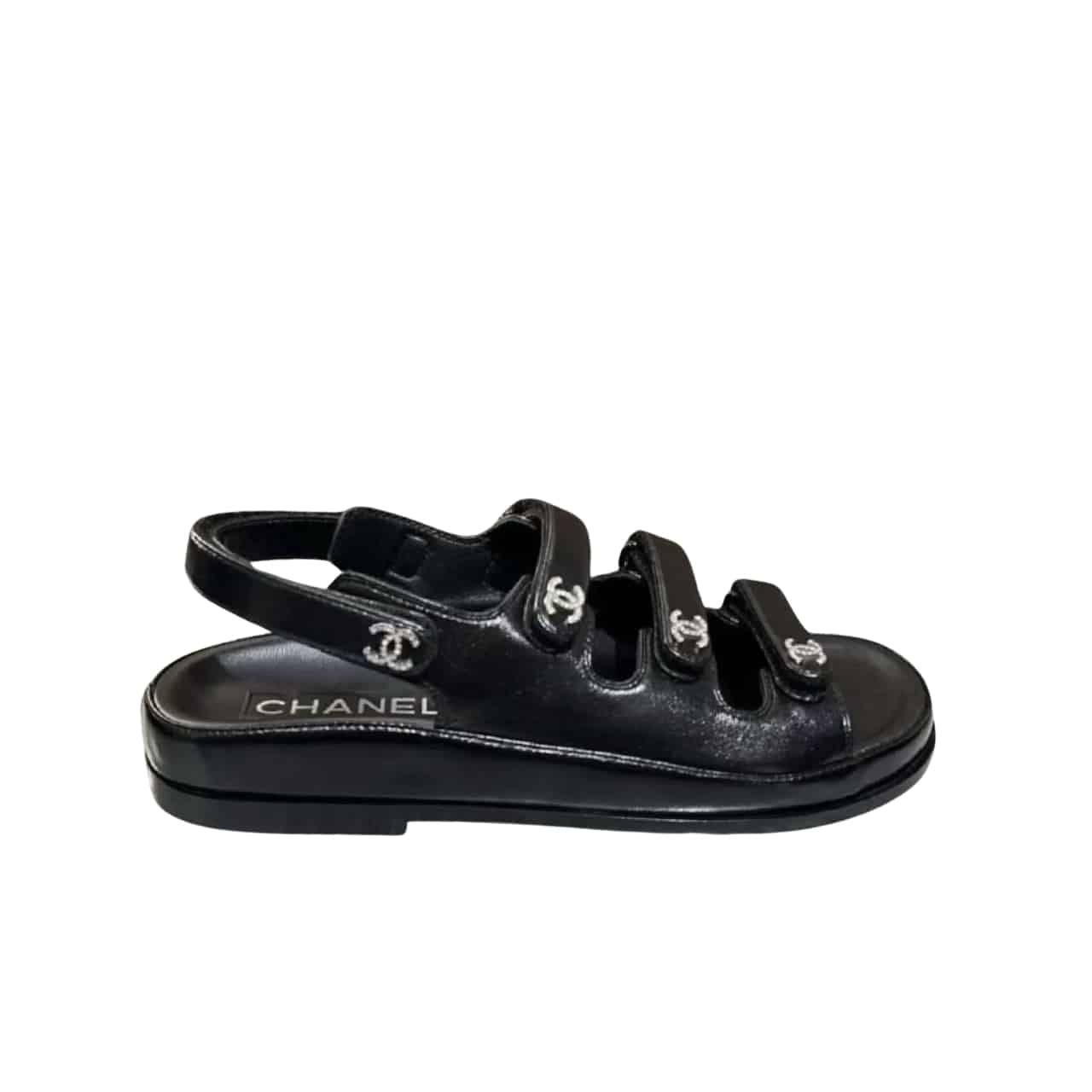 Chanel Triple Velcro Strap Sandals Smooth Leather Black G45628 B16403 94305