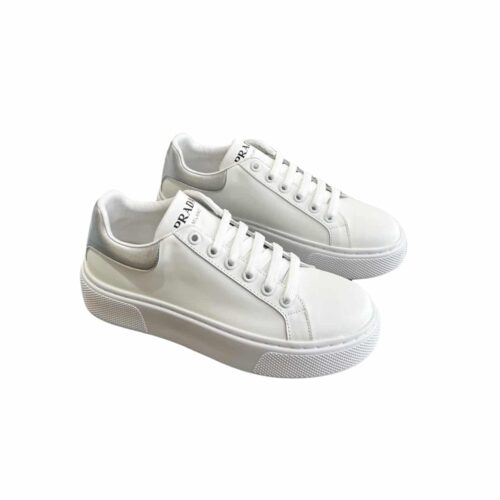 Prada Leather Sneaker With Silver Logo White