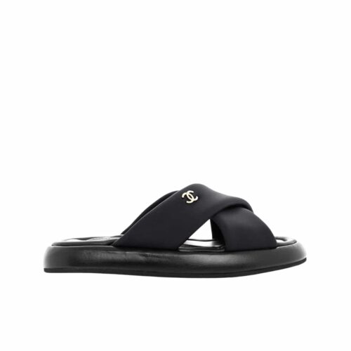 Chanel Criss Cross Slides Satin Smooth Leather Black