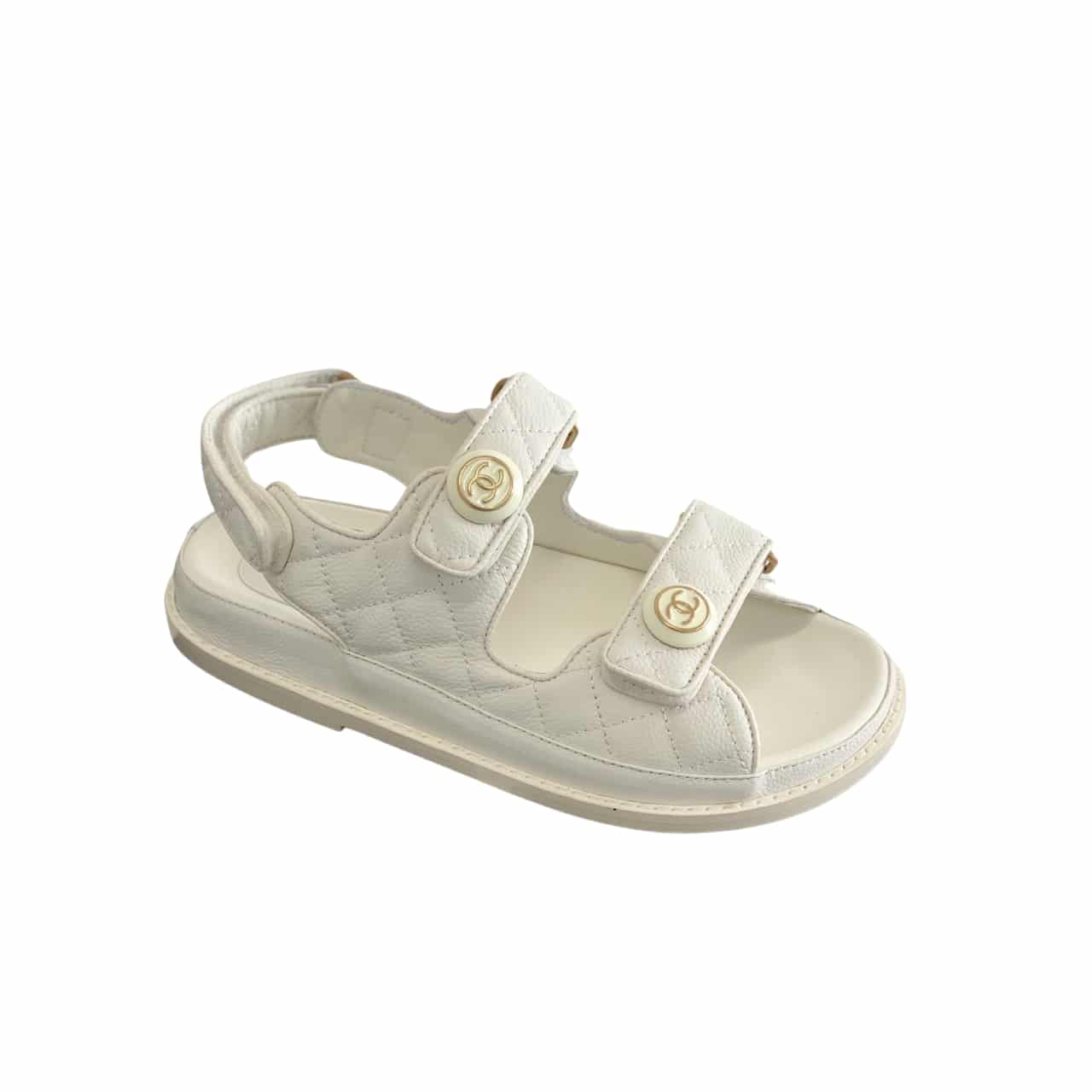 Chanel Sandals Grained Leather With CC Button Accent White