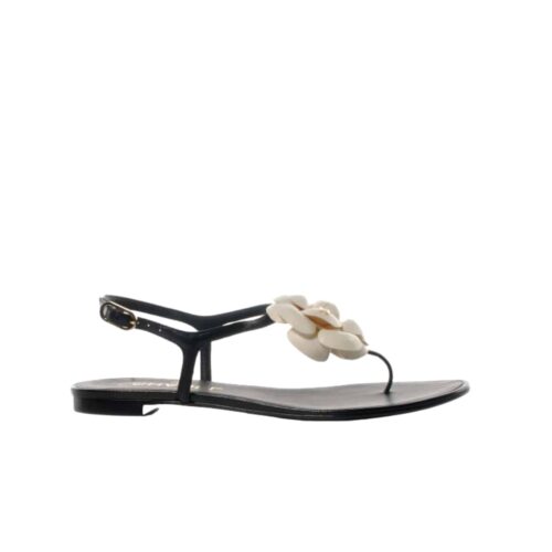 Chanel Camellia T Strap Sandals Smooth Leather Black White