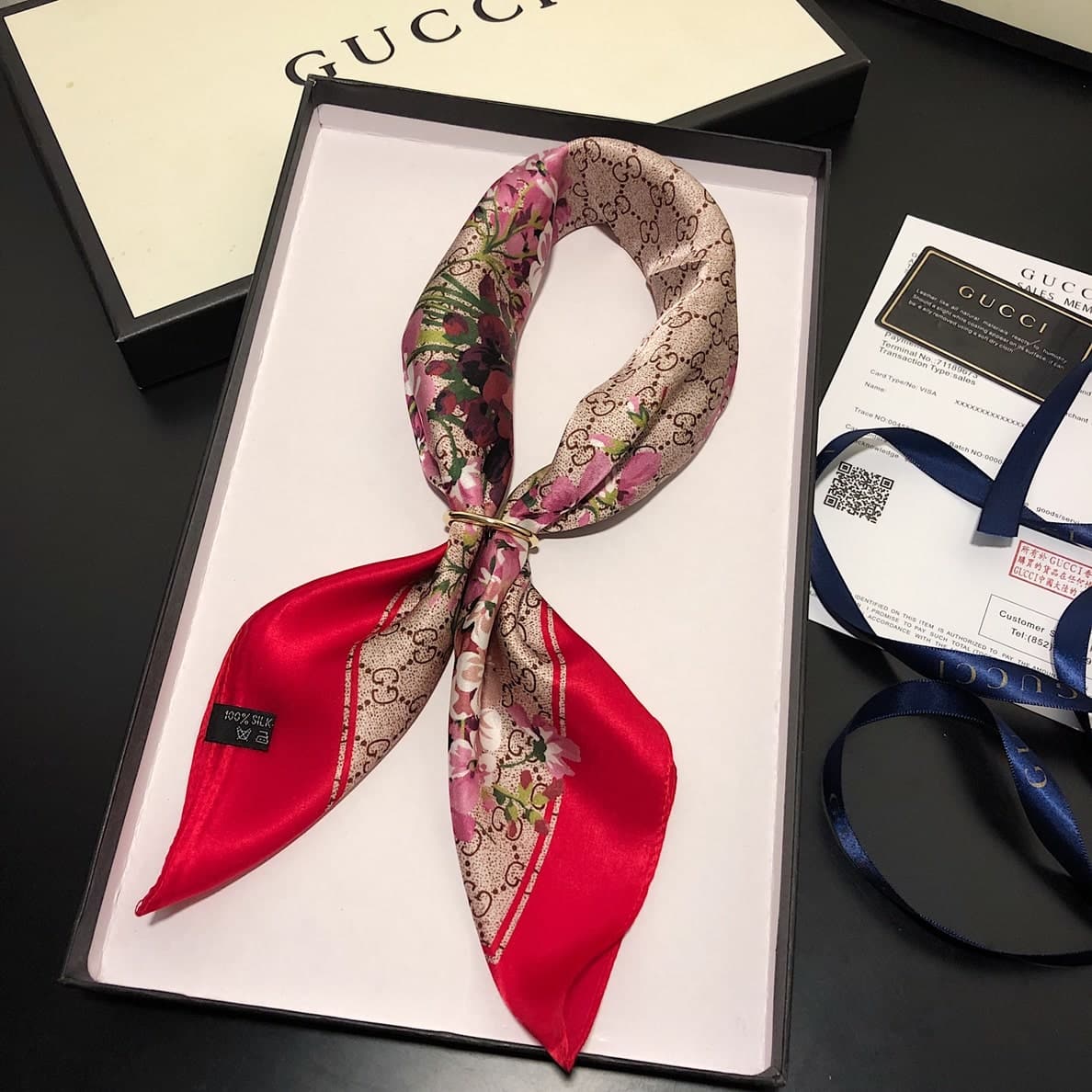 Gucci GG Blooms Silk Foulard Scarf Red 70Cm - Image 3