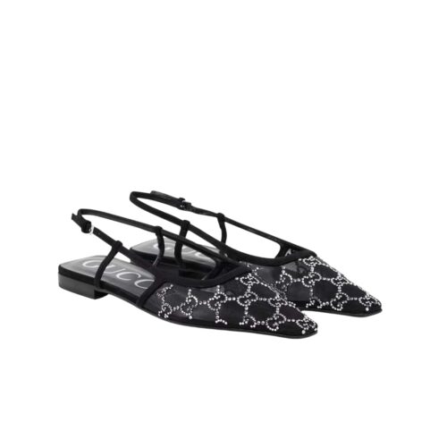 Gucci GG Embellished Mesh Suede Slingback Flats Black