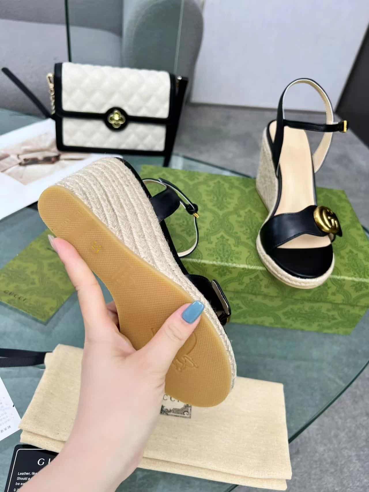 Gucci Wedge Espadrille Leather Sandals Black - Image 4