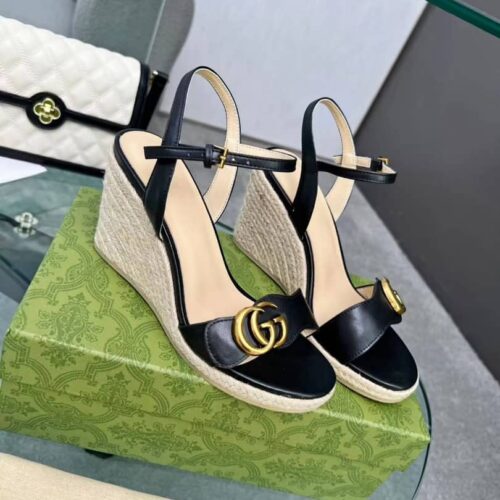 Alternative view of Gucci Wedge Espadrille Leather Sandals Black