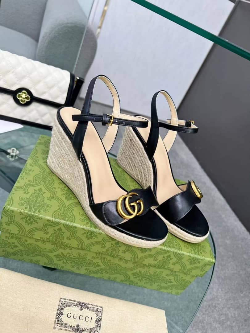 Gucci Wedge Espadrille Leather Sandals Black - Image 2