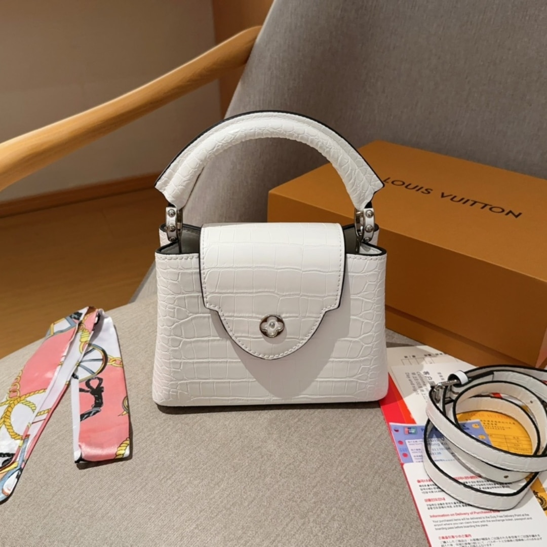 Louis Vuitton Capucines Mini Shiny Textured Leather Handbag White 21Cm N93701 - Image 2