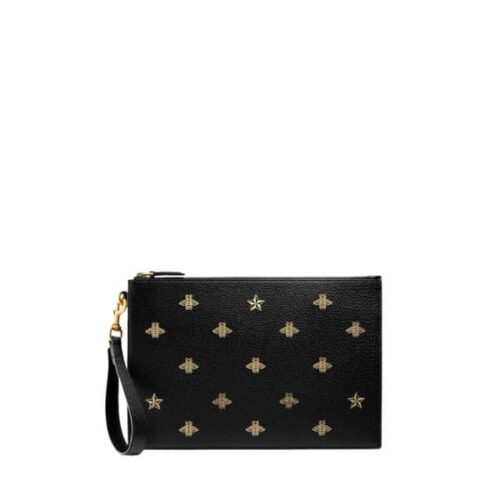 Gucci Bee Star Leather Clutch Bag Black 28Cm 495066 Dj2Kt 8474