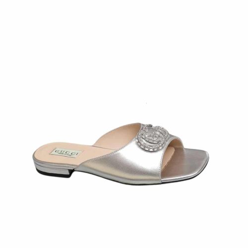 Gucci Double G Leather Slide Sandal Silver