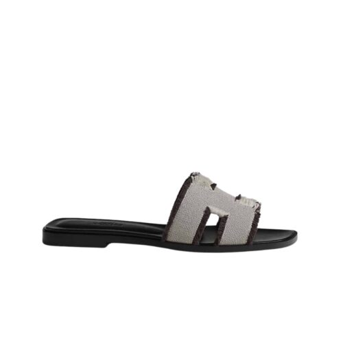 Hermes Oran Sandals Canvas Fringed Black Grey H231095Z PN360