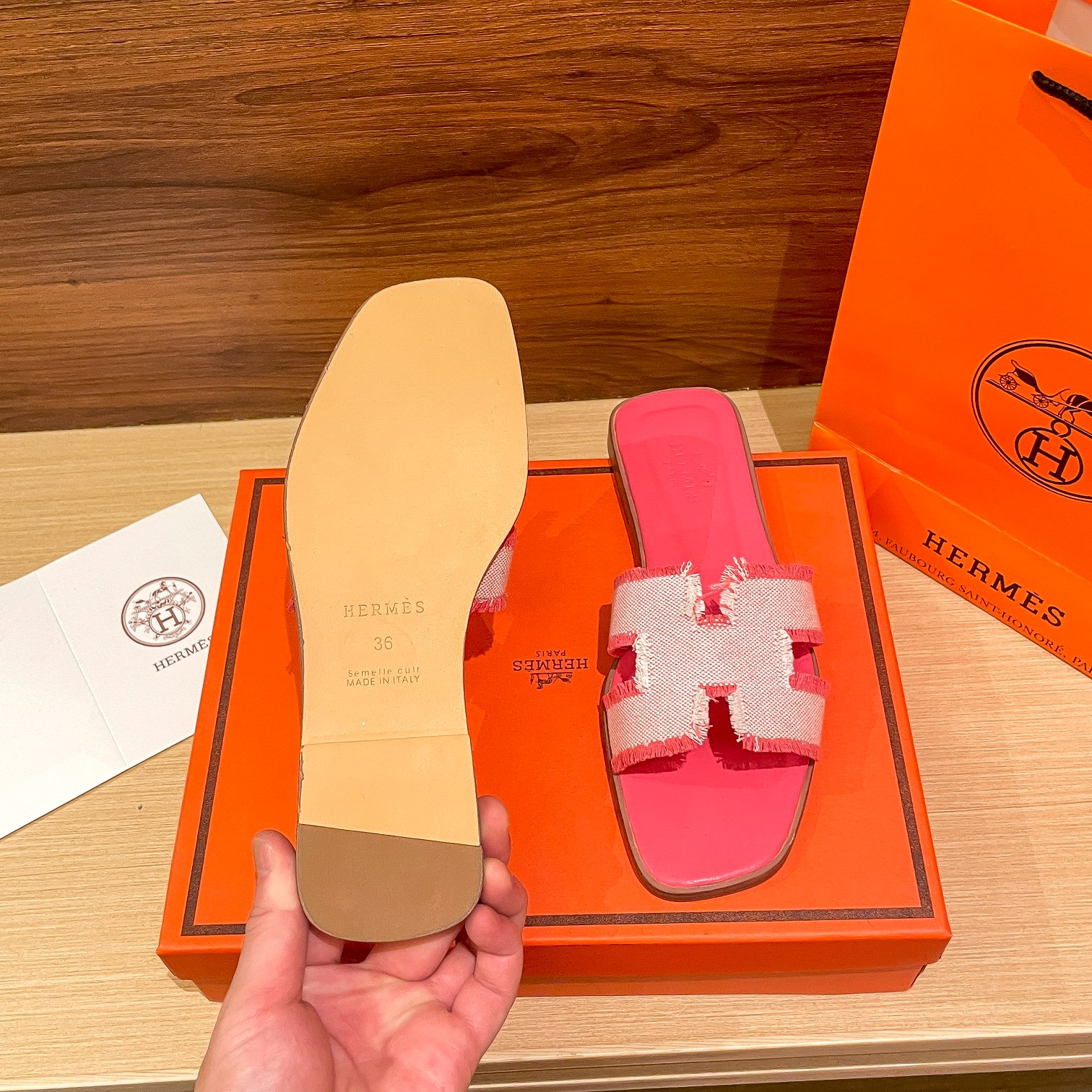 Hermes Oran Sandals Canvas Fringed Pink H231095Z C5350 - Image 3