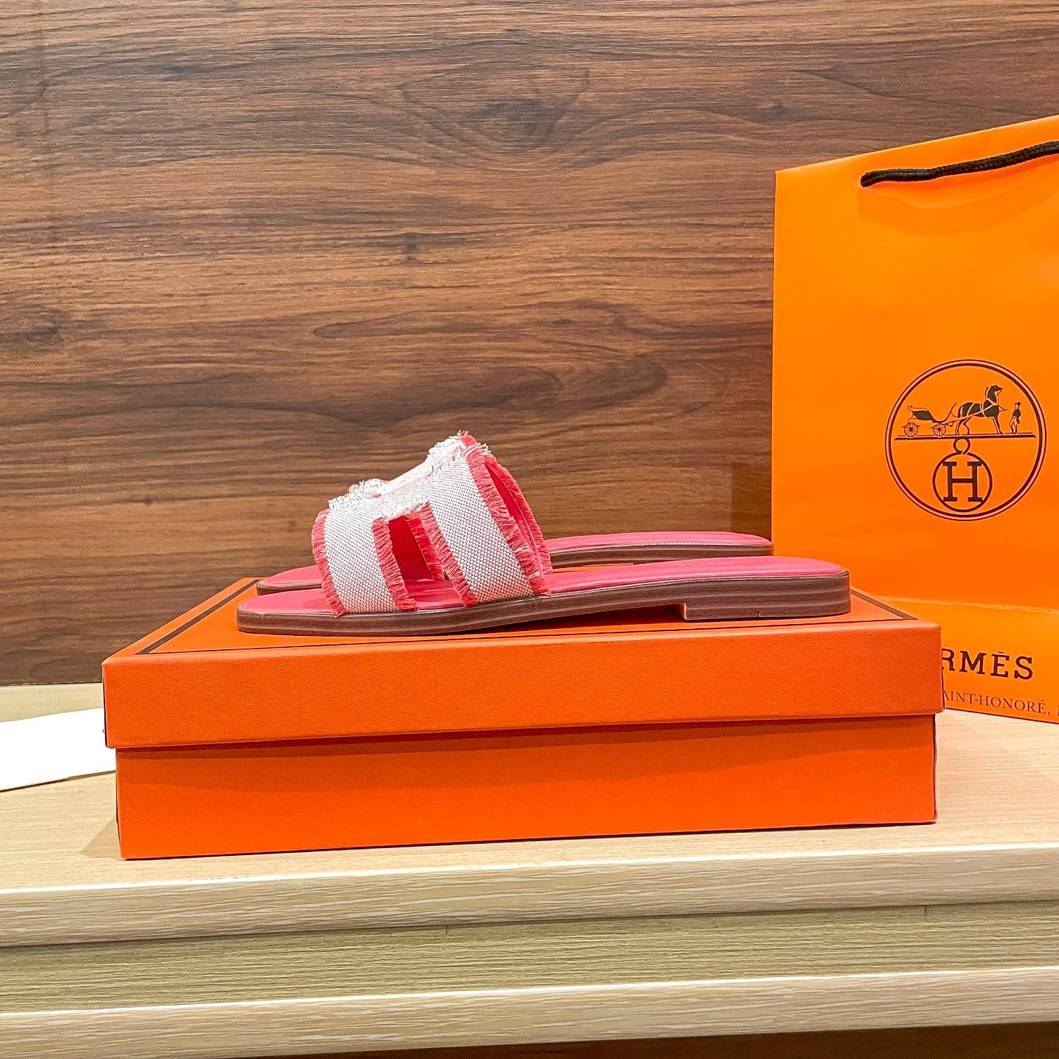 Hermes Oran Sandals Canvas Fringed Pink H231095Z C5350 - Image 4