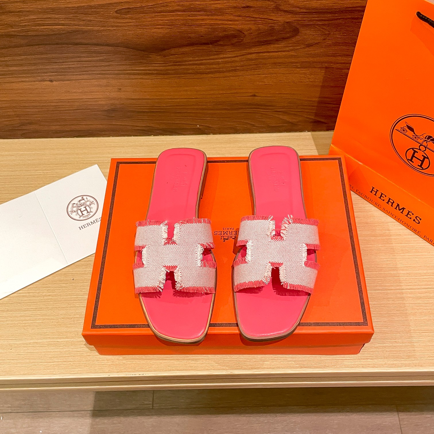 Hermes Oran Sandals Canvas Fringed Pink H231095Z C5350 - Image 6