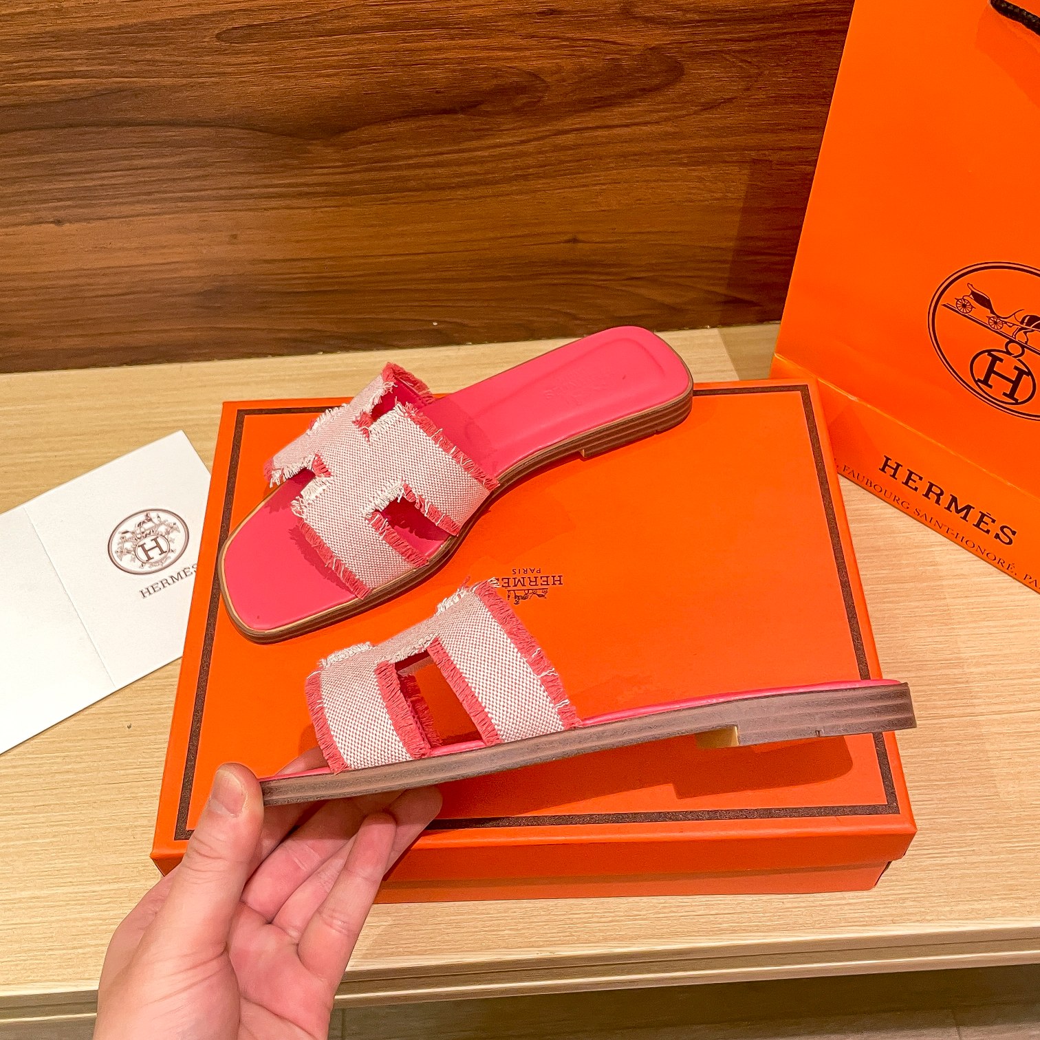 Hermes Oran Sandals Canvas Fringed Pink H231095Z C5350 - Image 7