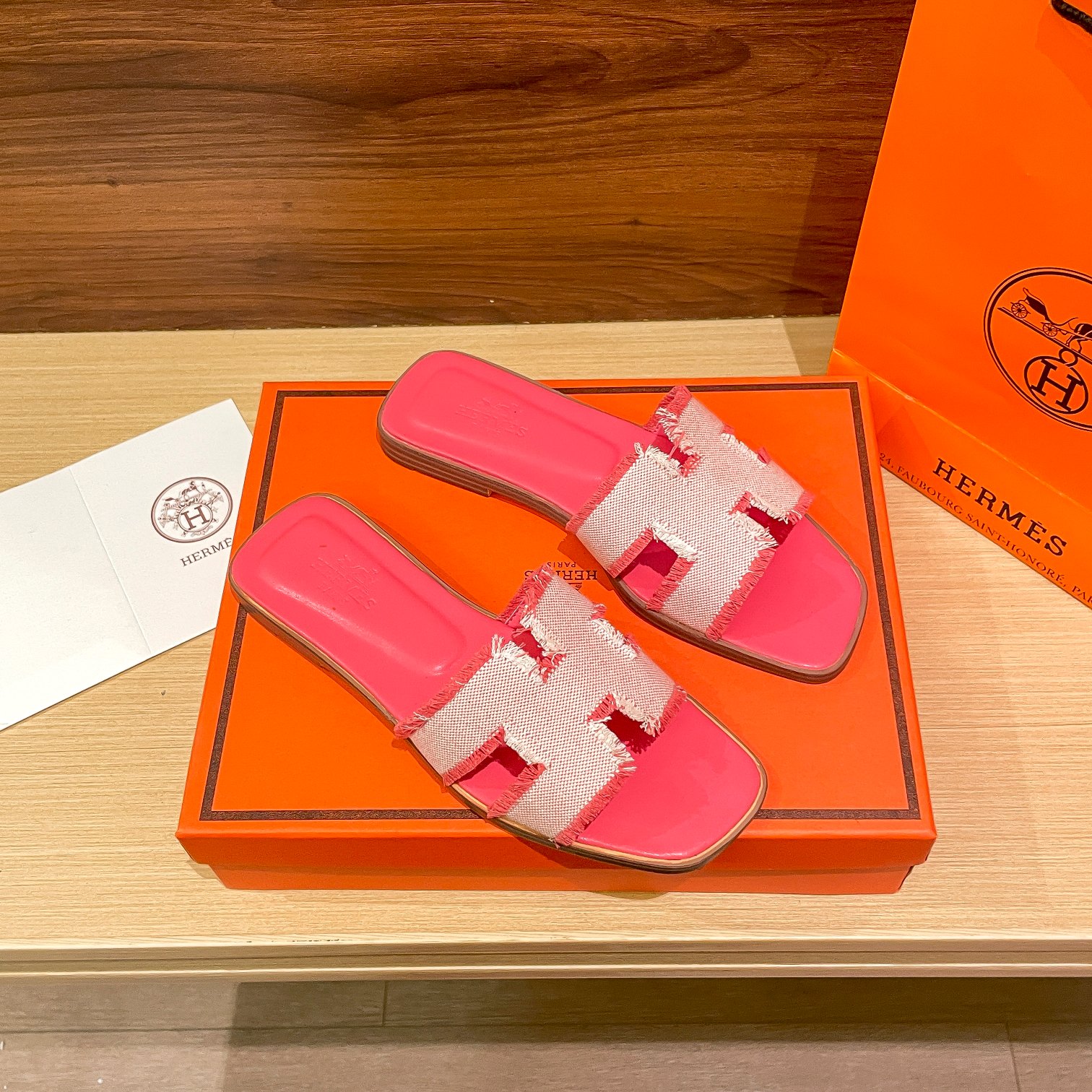 Hermes Oran Sandals Canvas Fringed Pink H231095Z C5350 - Image 8