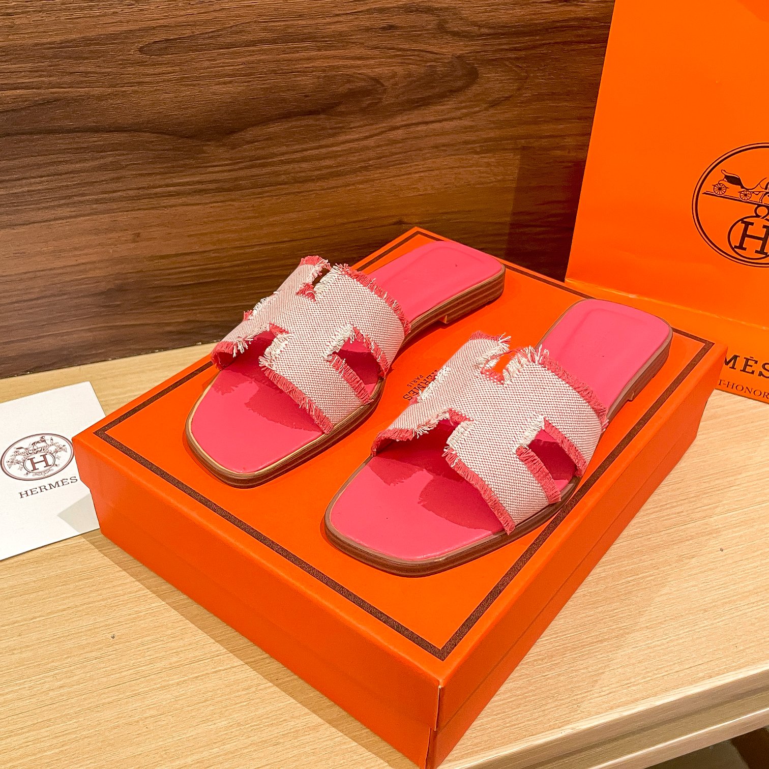 Hermes Oran Sandals Canvas Fringed Pink H231095Z C5350 - Image 9