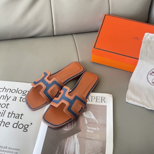 Alternative view of Hermes Oran Sandals Smooth Leather Denim Orange H221105ZV48340
