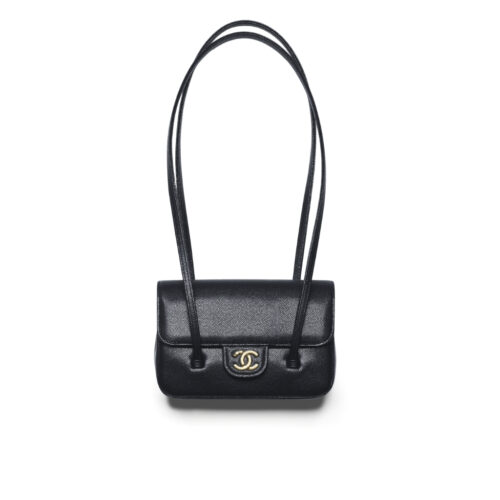 Chanel Clutch With Leather Strap Grained Shiny And Gold Tone Black 17cm