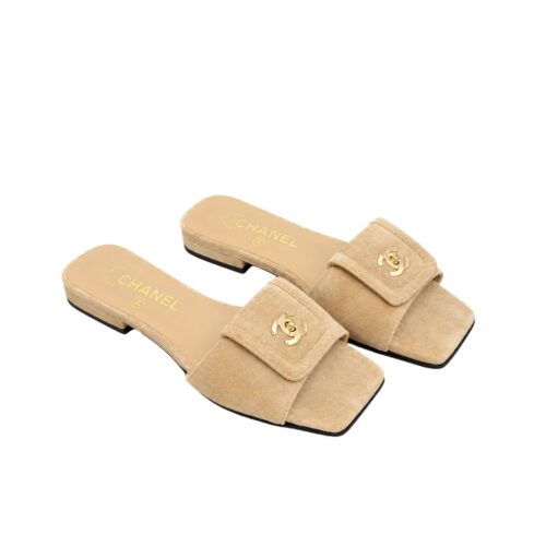 Chanel Suede Mules With Signature CC Logo Beige