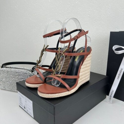 Alternative view of Saint Laurent Cassandra 115 Wedge Sandals Smooth Leather Raffia Brown