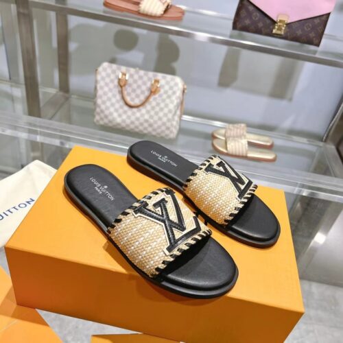 Alternative view of Louis Vuitton Lock It Flat Raffia Mules Black