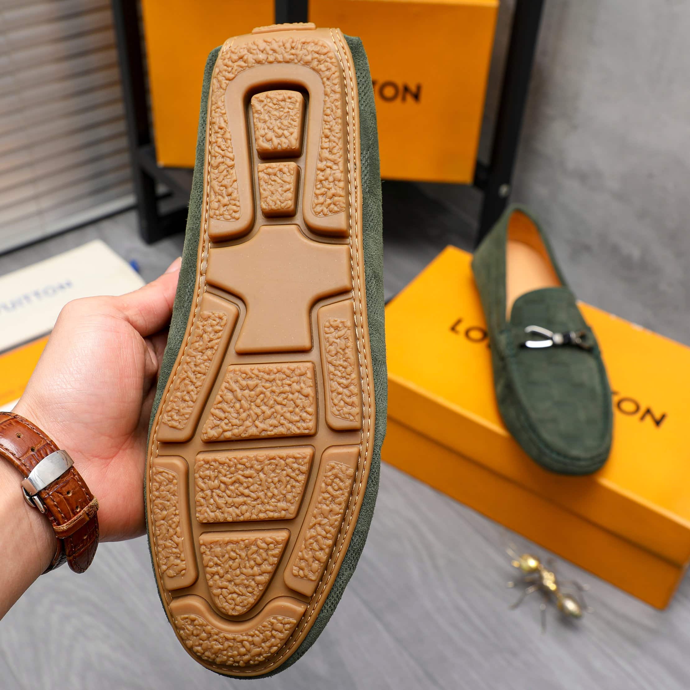 Louis Vuitton LV Damier Suede Leather Loafers Dark Green - Image 6