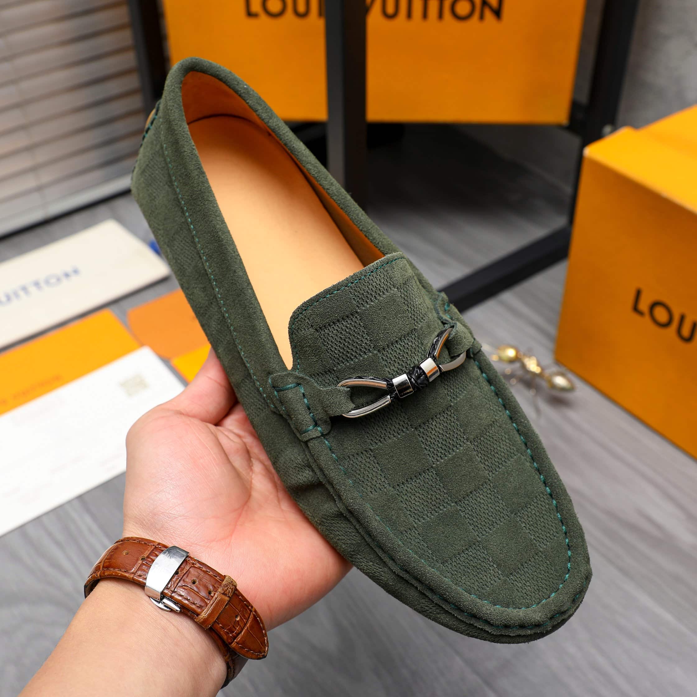 Louis Vuitton LV Damier Suede Leather Loafers Dark Green - Image 5