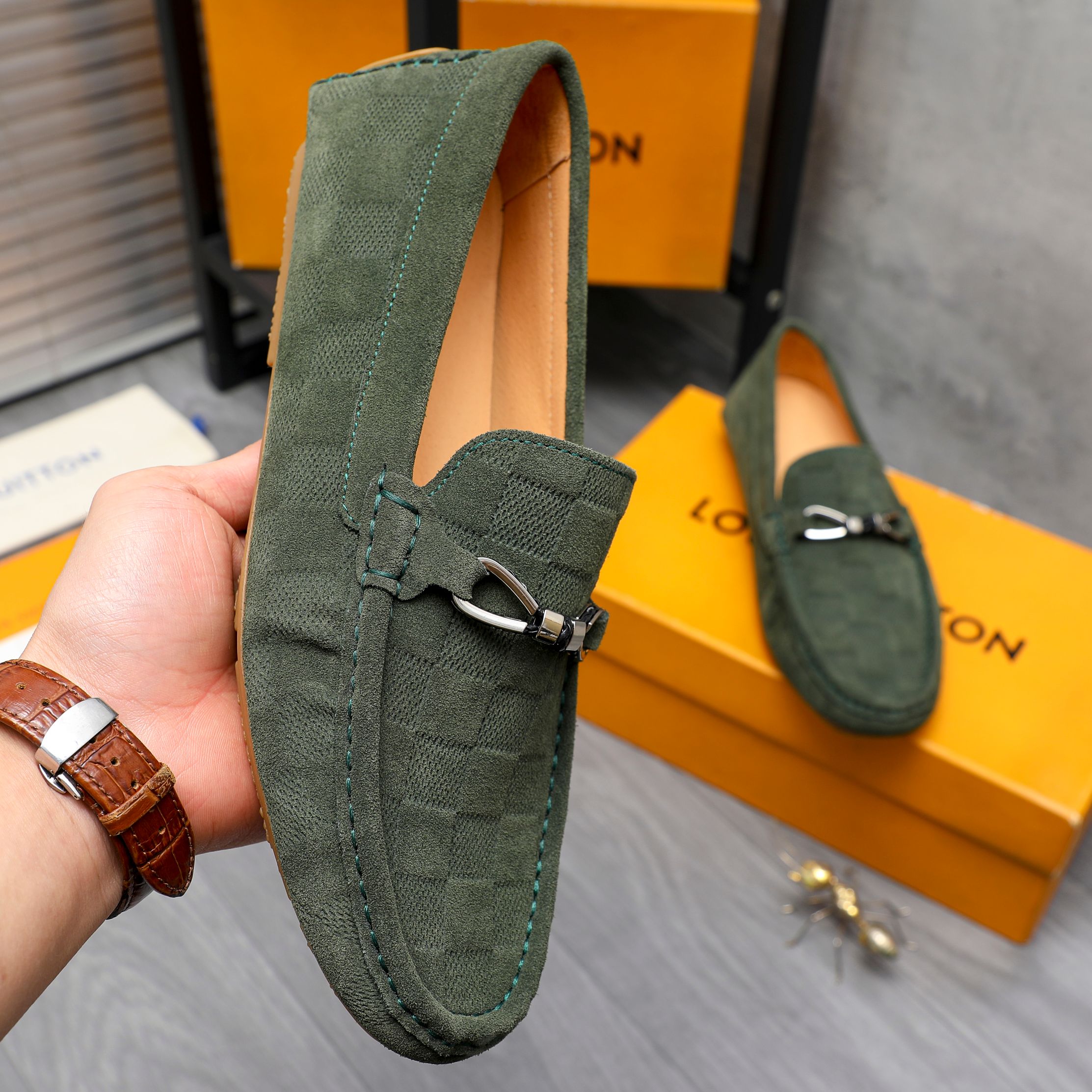 Louis Vuitton LV Damier Suede Leather Loafers Dark Green - Image 4