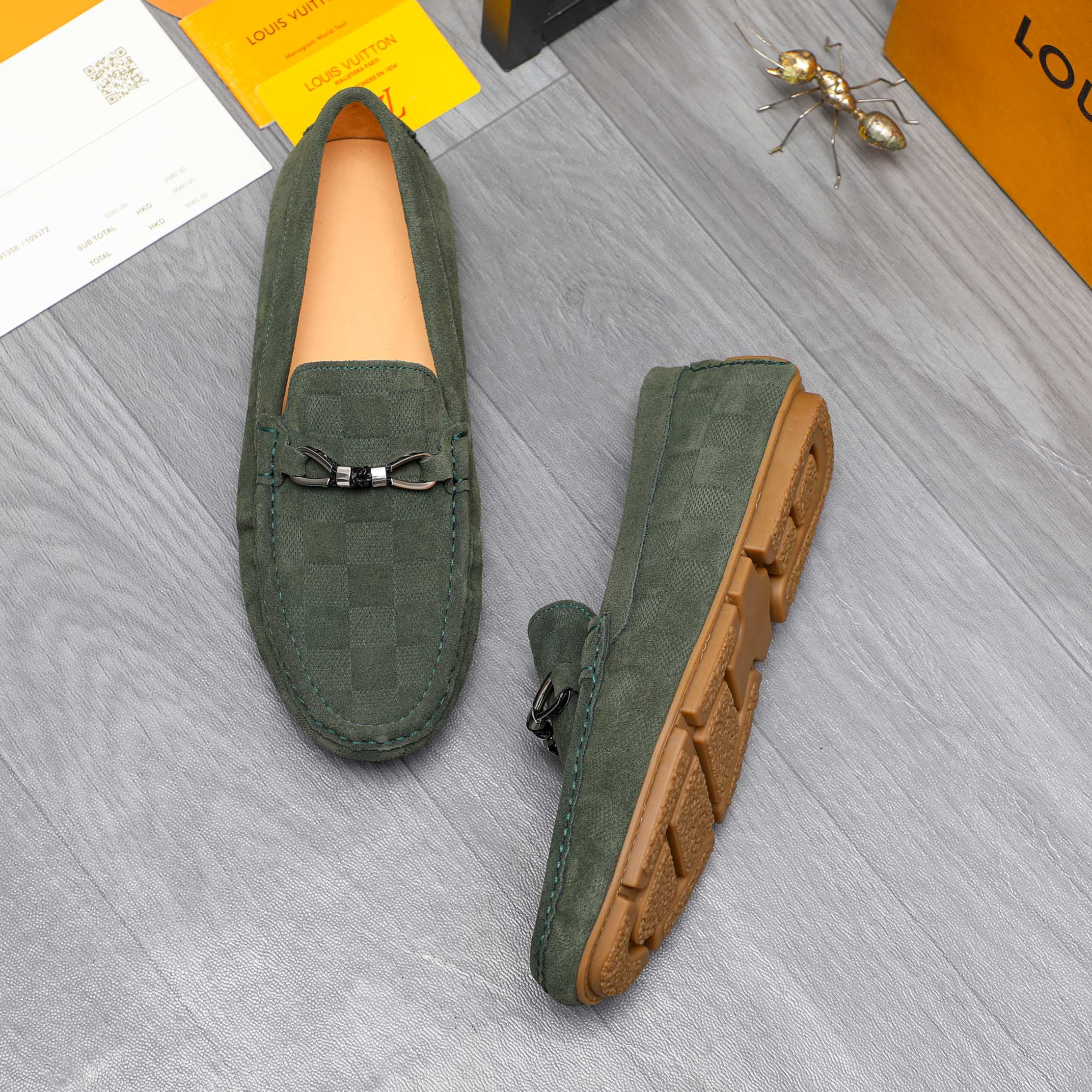 Louis Vuitton LV Damier Suede Leather Loafers Dark Green - Image 3