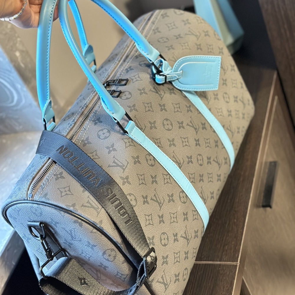 Louis Vuitton Keepall Bandoulière 45 Monogram Eclipse Reverse Shoulder Bag Turquoise And Grey 45cm M11481 - Image 3