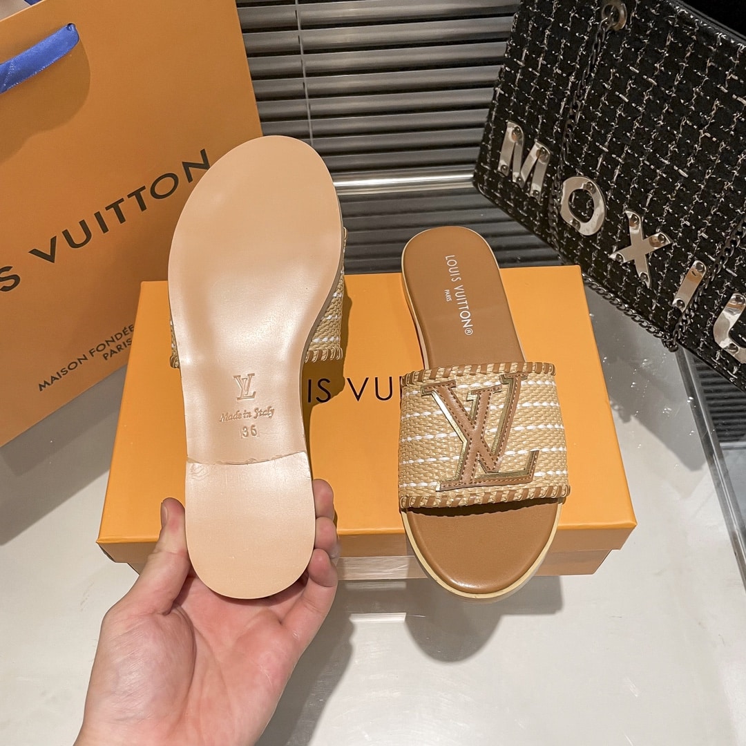 Louis Vuitton Lock It Flat Raffia Mules Brown - Image 8