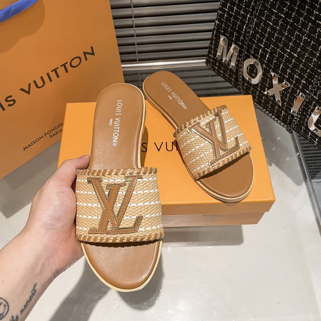 Louis Vuitton Lock It Flat Raffia Mules Brown - Image 9