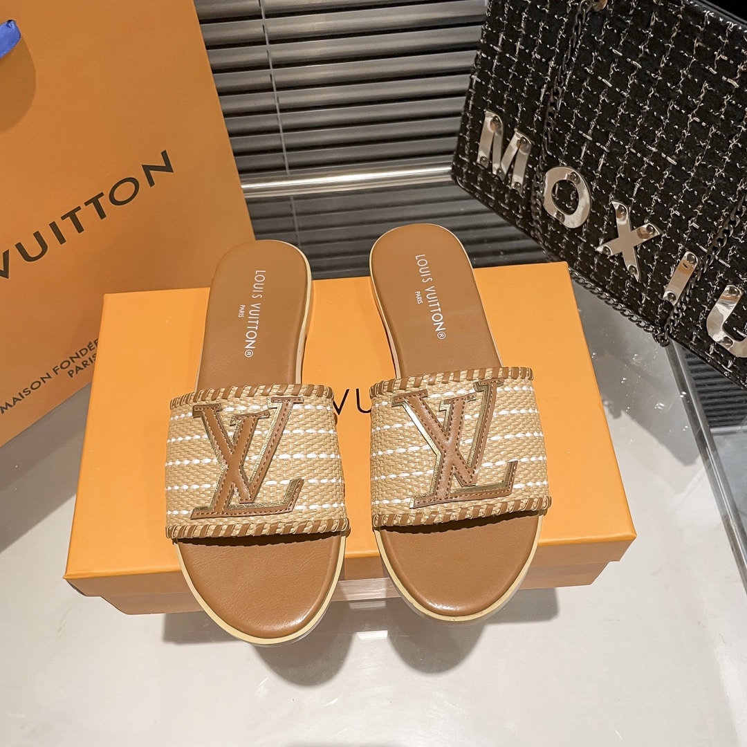 Louis Vuitton Lock It Flat Raffia Mules Brown - Image 4