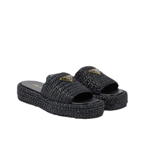 Prada Natural Crochet Flatform Slides Gold Hardware Black
