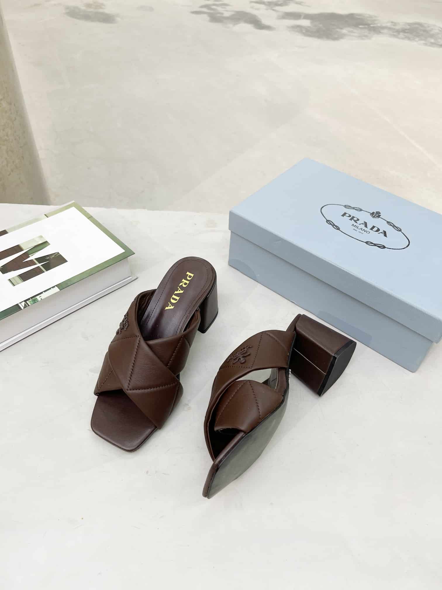 Prada Quilted Nappa Leather Sandals Dark Brown - Image 3