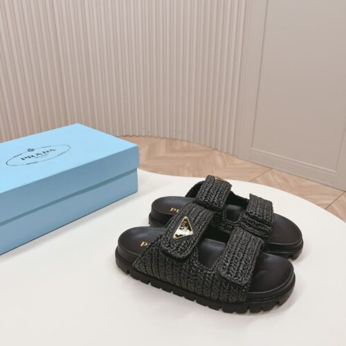 Alternative view of Prada Fussbett Raffia Dual Buckle Slide Sandals Black