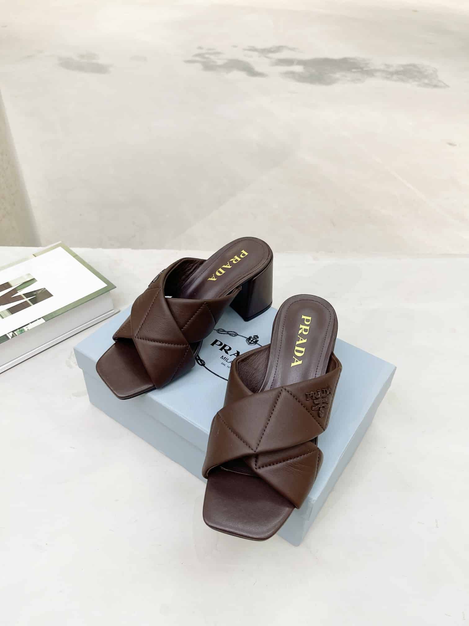 Prada Quilted Nappa Leather Sandals Dark Brown - Image 9