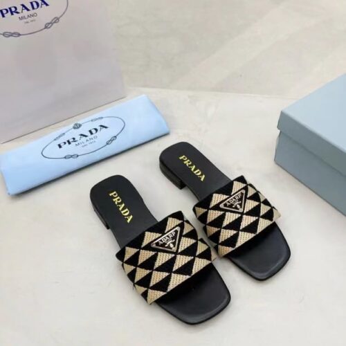 Alternative view of Prada Embroidered Fabric Slides Black Beige